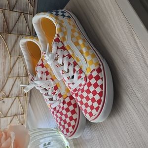Vans Old Skool Red Yellow Blue Checkerboard Skate Shoes